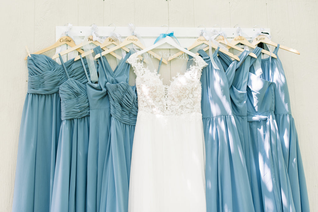 Bridal gown and blue bridesmaid dresses | 8 Things You're Doing Wrong While Bridesmaid Dress Shopping