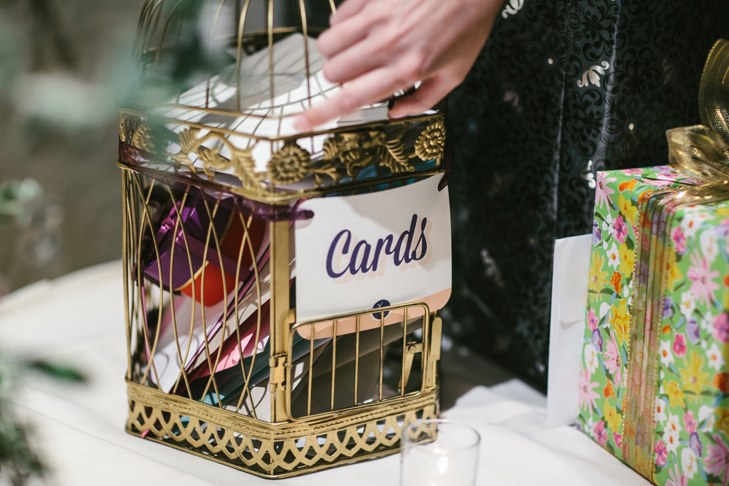 Birdcage card holder | A Chic Purple and Gold Pittsburgh Wedding