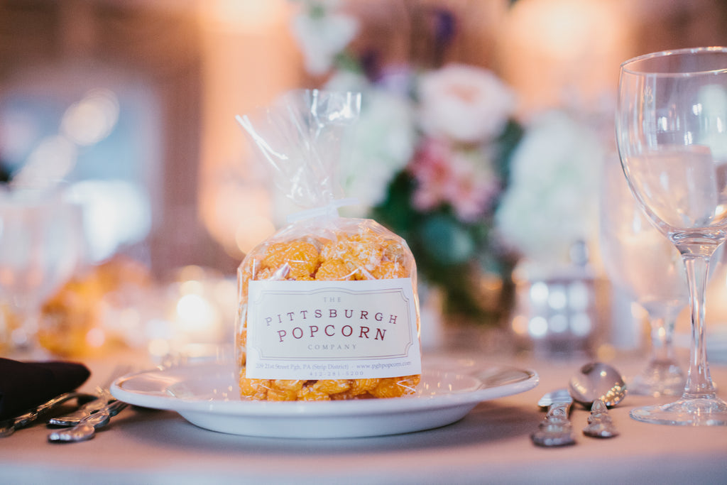 Pittsburgh popcorn wedding favors. | A Chic Purple and Gold Pittsburgh Wedding