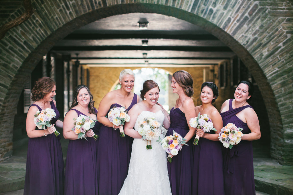 Long chiffon bridesmaid dresses in eggplant purple | A Chic Purple and Gold Pittsburgh Wedding