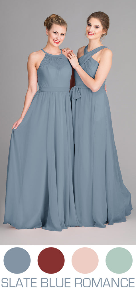 Slate Blue Bridesmaid Dresses for Spring or Summer wedding.