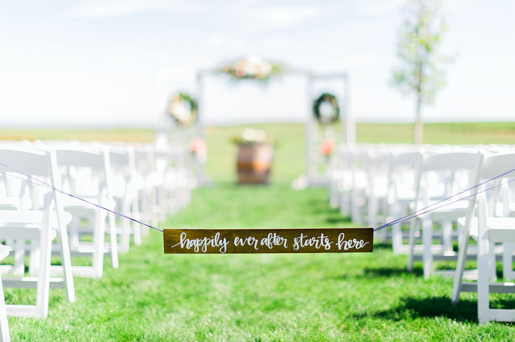 "Happily Ever After Starts Here" gorgeous wooden entrance sign to wedding ceremony! | An Elegant, Blush Pink, Rustic Wedding | Kennedy Blue | Catherine Leanne Photography