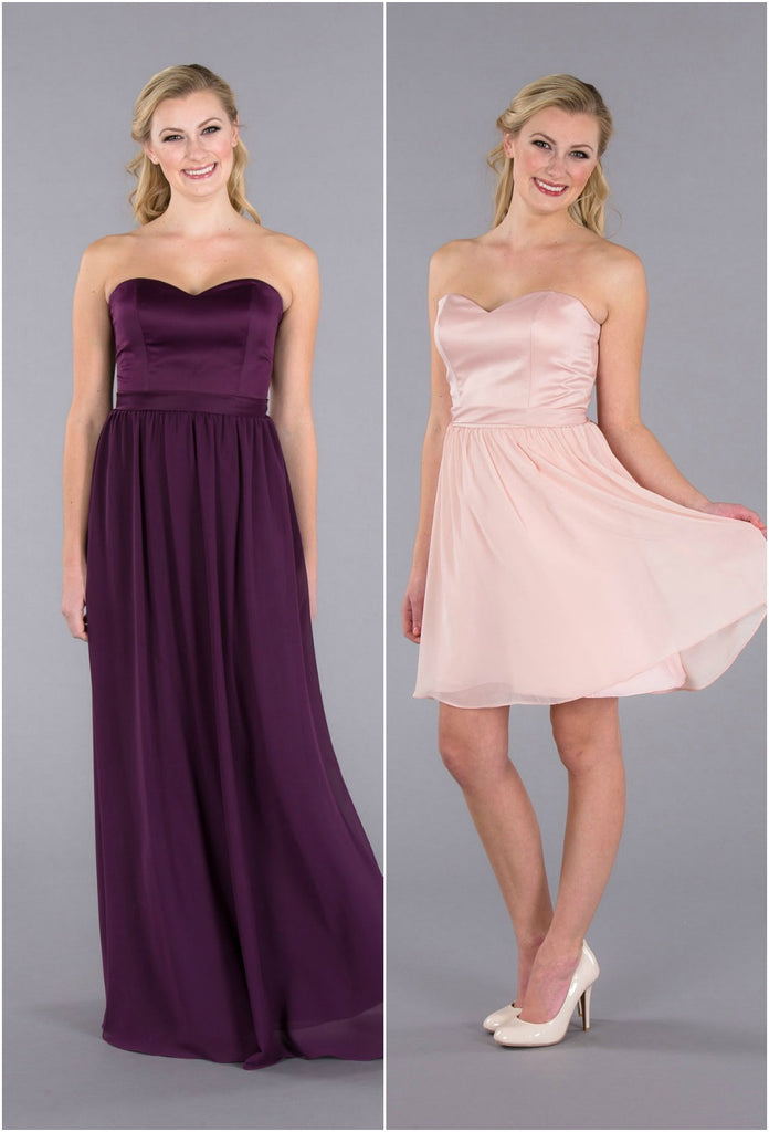 A fun strapless, satin-top bridesmaid dress available in short and long!