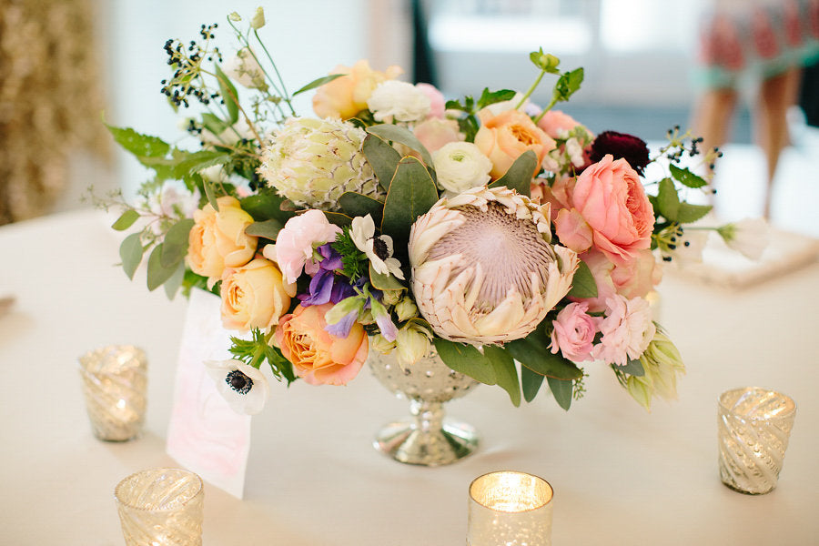 A stunning table centerpeice styled by Thistle and Blooms | Floral Graffiti Inspiration at The Big Fake Wedding
