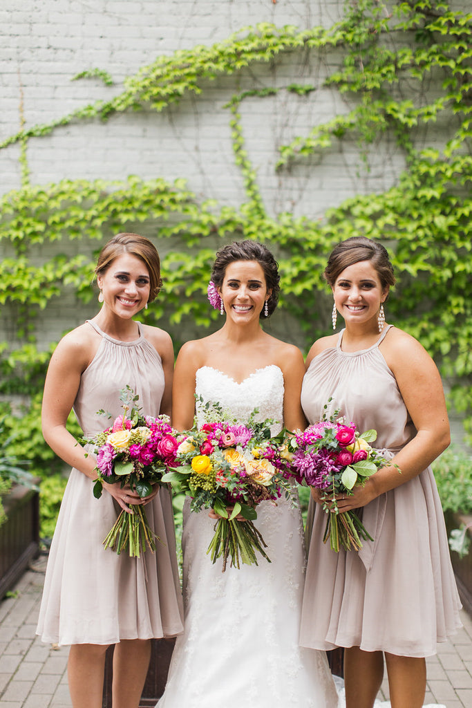 The bridesmaids wore chiffon bridesmaid dresses in latte | Floral Graffiti Inspiration at The Big Fake Wedding