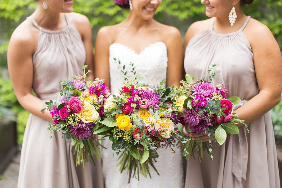 Gorgeous, bright bouquets for the bridal party | Floral Graffiti Inspiration at The Big Fake Wedding