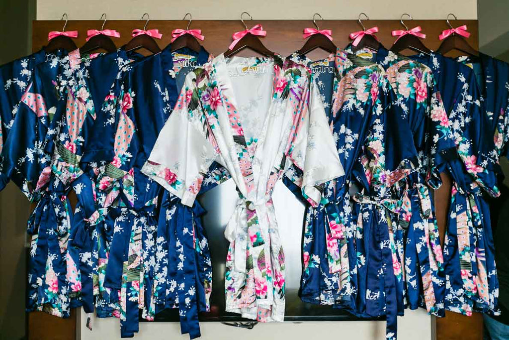 Robes for the bride and bridesmaids | A Blue and Pink Rock 'n Roll Wedding