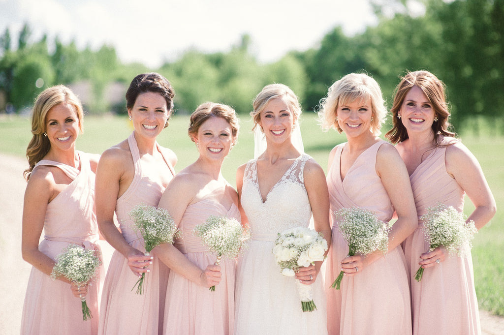 Mix and match blush pink bridesmaid dresses from Kennedy Blue!