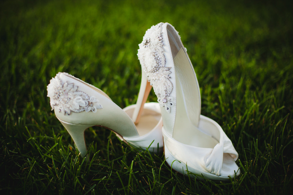 Gorgeous bridal shoes with beaded, floral accents. | A Simple Wedding Dress for a Lakeside Ceremony