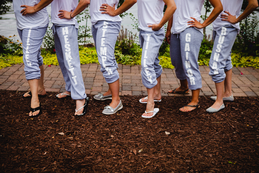 We love these personalized sweatpants as a bridesmaid gift idea! | A Simple Wedding Dress for a Lakeside Ceremony