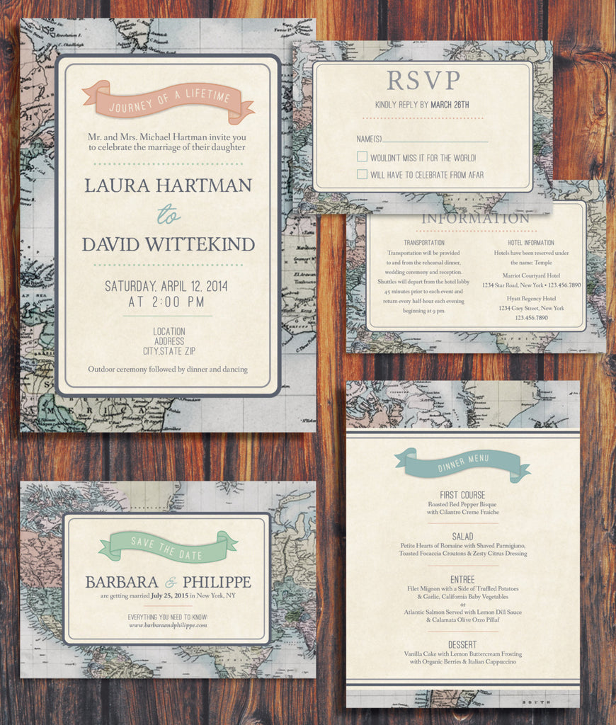 Travel-themed wedding invitaitons for the adventurous couple | Ways to Use Maps and Globes in Your Wedding Decor