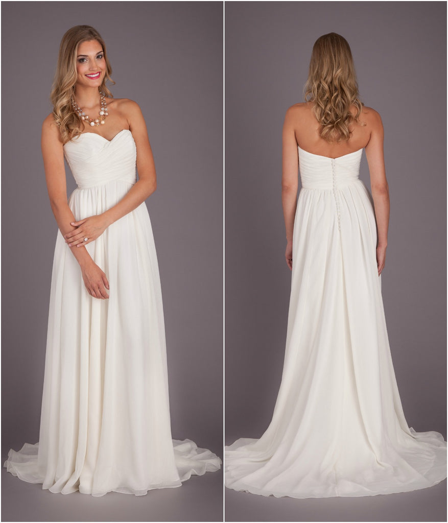 A simple chiffon bridal gown with a ruched bodice and strapless, sweetheart neckline. | Wedding Dresses Under $1000