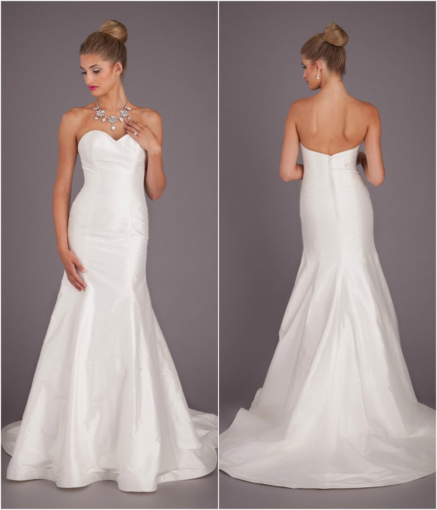 A silk, fit and flare bridal gown with a strapless, sweetheart neckline. | Wedding Dresses Under $1000