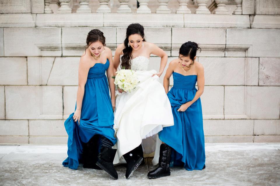 Wear leggings and boots underneath floor-length dresses to stay warm during a winter wedding! | Styling Winter Bridesmaid Dresses
