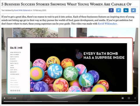 Screen shot of Ezvid Wiki website with the video about “5 Business Success Stories Showing What Young Women Are Capable Of” paused.