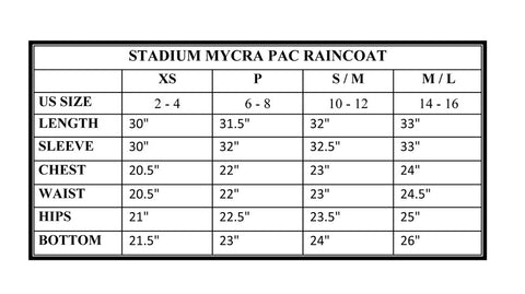 Stadium Mycra Pac Raincoat Size Chart and Measurement Guide