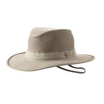Tan colored mens travel hat with string