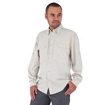 Man wearing light colored button up travel shirt