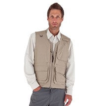 Royal Robbins light brown travel vest with multiple pockets