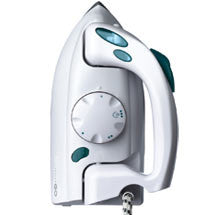 White travel steam iron with collapsable handle