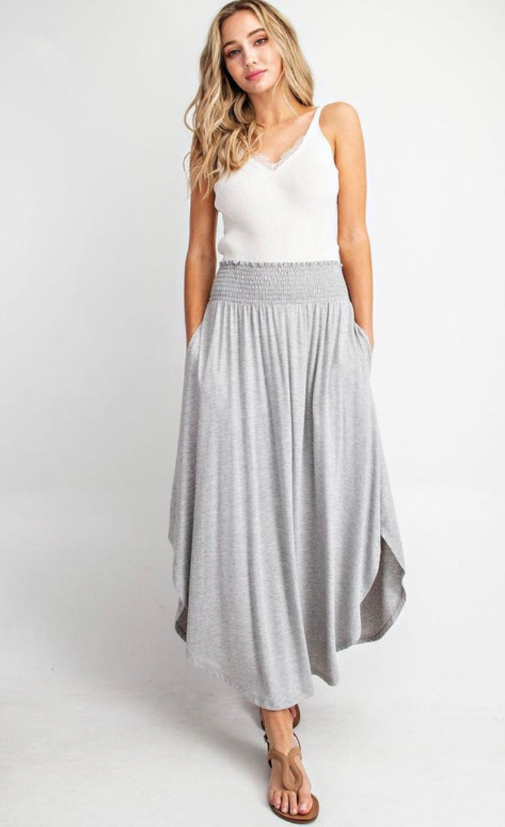 smocked waist maxi skirt