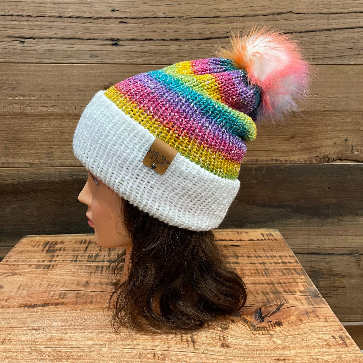 rainbow pom pom beanie