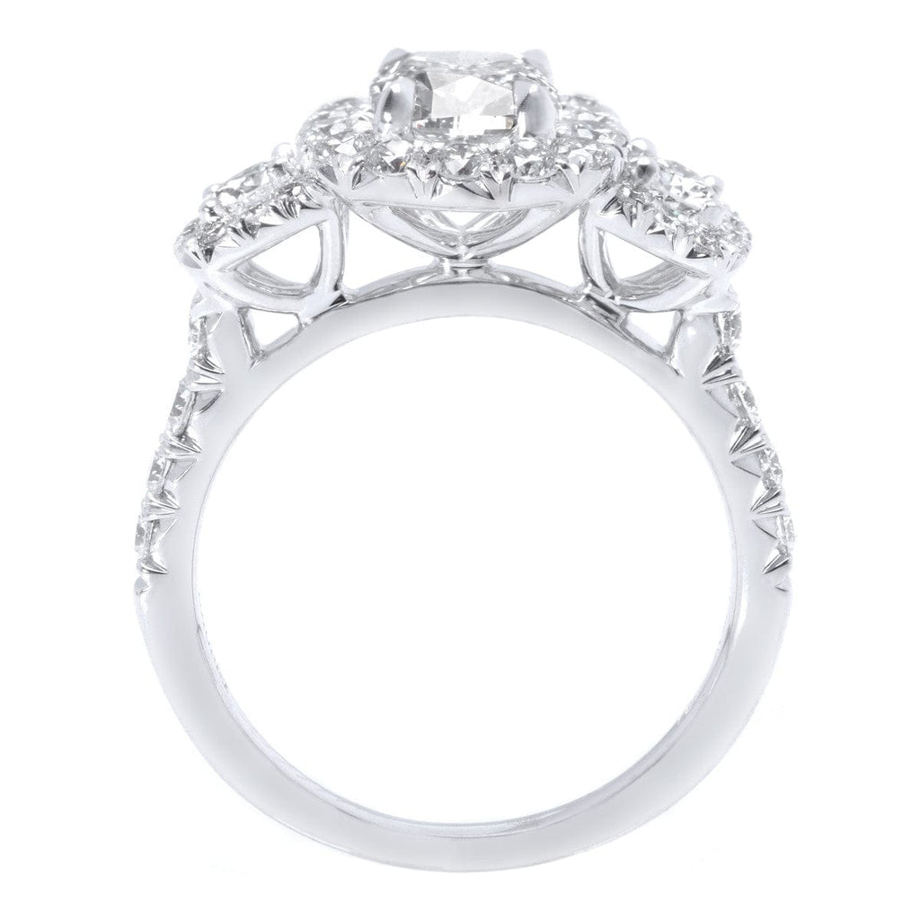 18k White Gold Three Stone Cushion Cut Diamond Halo Engagement Ring 7783
