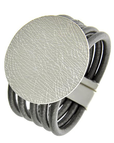 Grey Leather & Silver Disk Bracelet