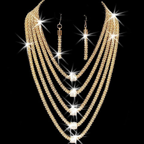 5-Row Micro Pave Ball Crystal Chain Necklace Earrings Set