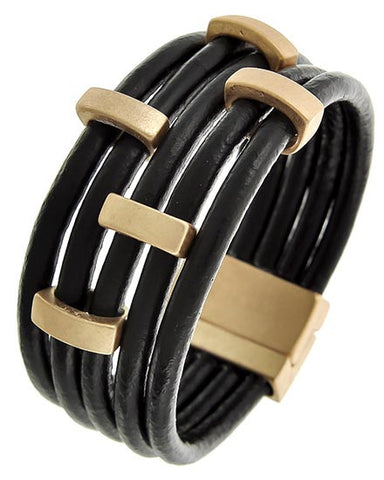 5 Row Leather & Matte Gold Bracelet