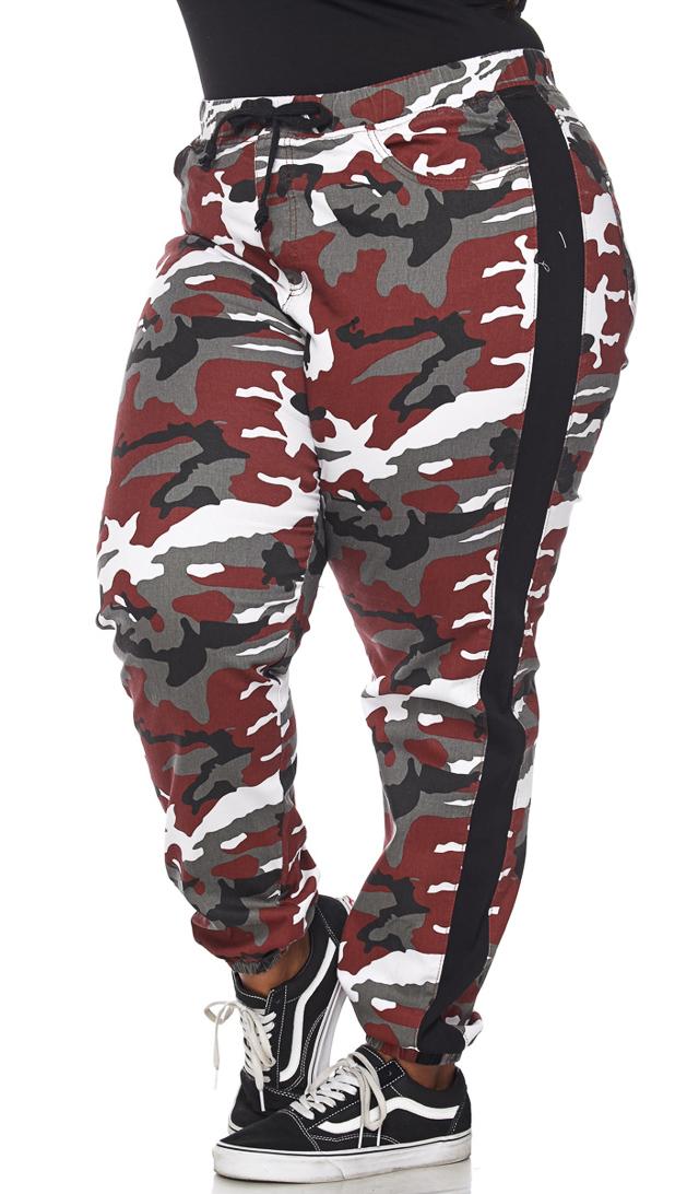 Plus Size Drawstring Camouflage Side Stripe Cargo Pants Burgundy