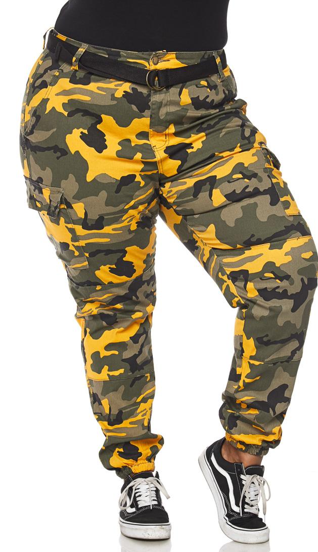 Plus Size Belted Yellow Camouflage Cargo Jogger Pants – SohoGirl.com