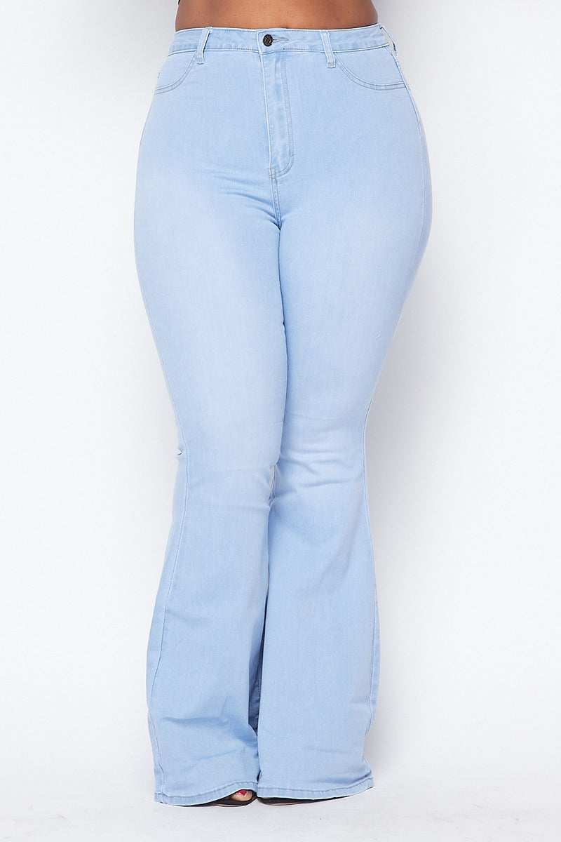 Plus Size Bell Bottom High Waisted Stretchy Jeans Light Denim