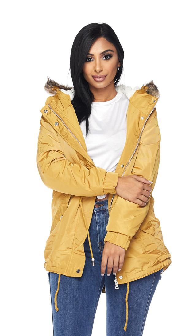 Satin Fur Lined Hooded Parka Coat Mustard 