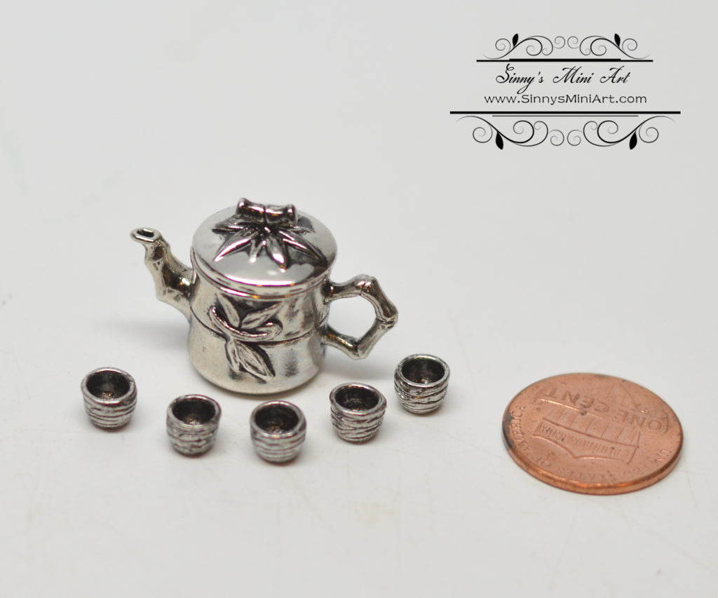 1:12 dollhouse Miniature Tea Pot Tea Cup Silver Twirl A89-A 