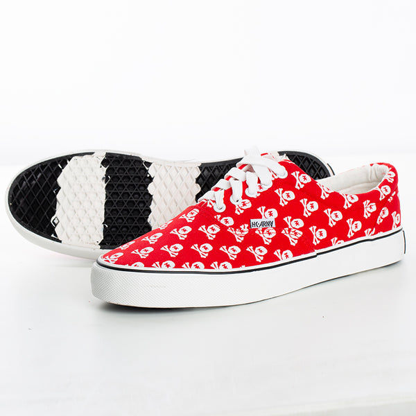 red canvas sneakers