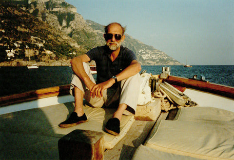 Danish architect and designer Jørgen Møller sailing on a boat