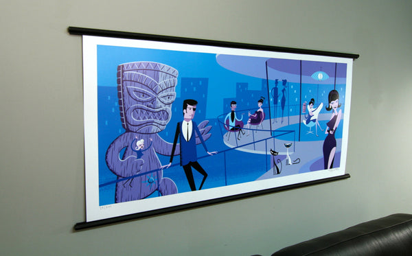 Artist Josh Agle (aka SHAG) An Extraordinary Evening print displayed on wall with a black posterhanger