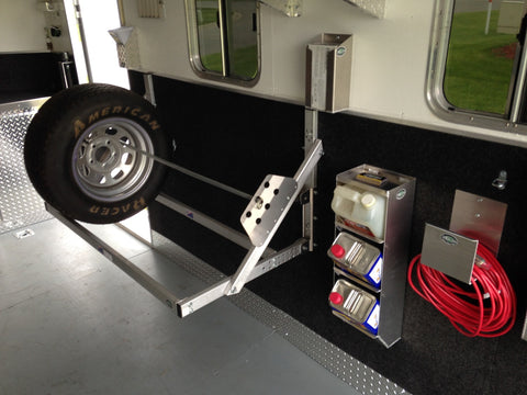 trailer storage solutions including a 4 foot tire rack, trailer wall mount cord hanger, trailer gallon jug rack