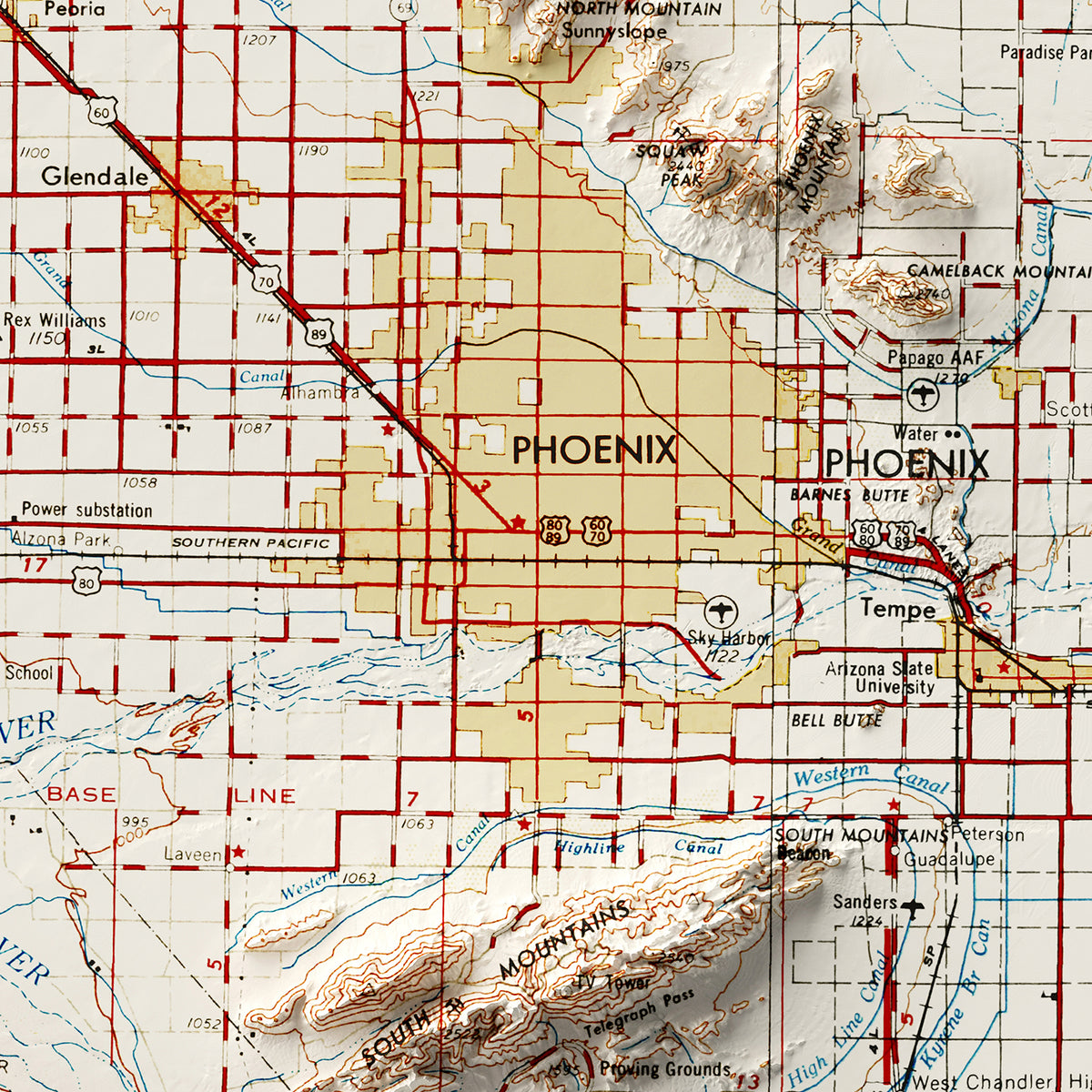 Phoenix, AZ - Vintage Shaded Relief Map (1954)