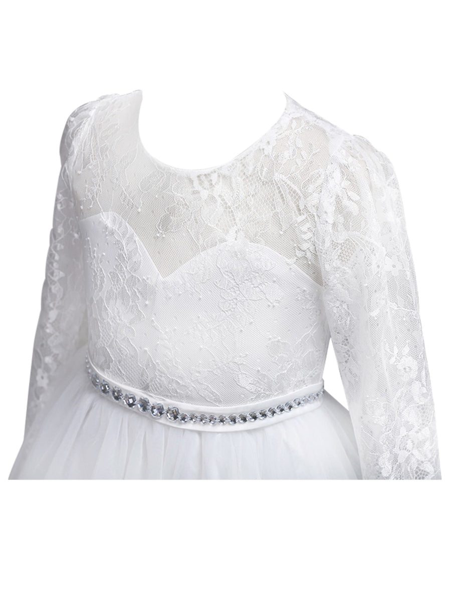 Rainkids Big Girls White Lace Long Illusion Neck Communion Dres – SophiasStyle.com