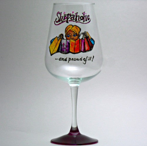 Shopaholic Hand Painted Wine Glass by A Wincy Glass N' Design, LLC – A