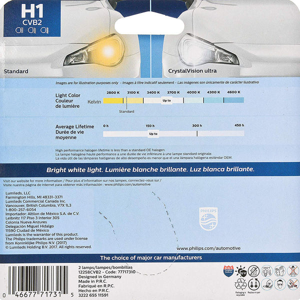 Philips H1 CrystalVision Ultra Upgrade Bright White Headlight Bulb 2 Pack 