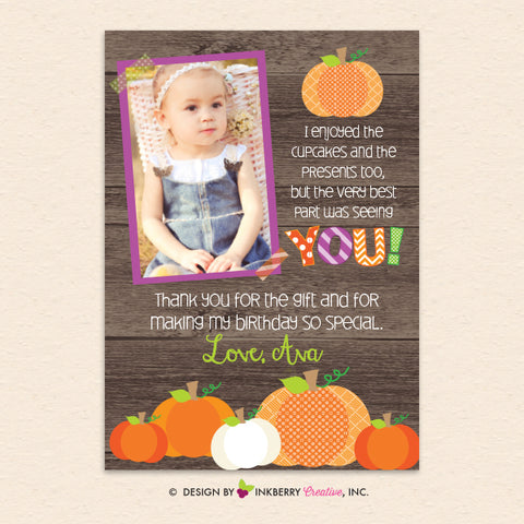 kids pumpkin birthday party photo thank you