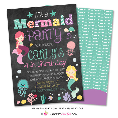 Mermaid birthday party invitation - adorable colorful chalkboard style