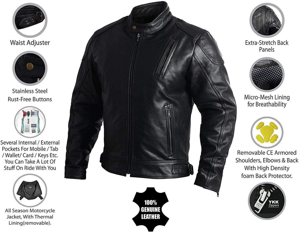 Mens Leather Motorcycle Jackets Black Moto Riding Motorbike Racing Cafe Racer Biker Jacket CE Armored L