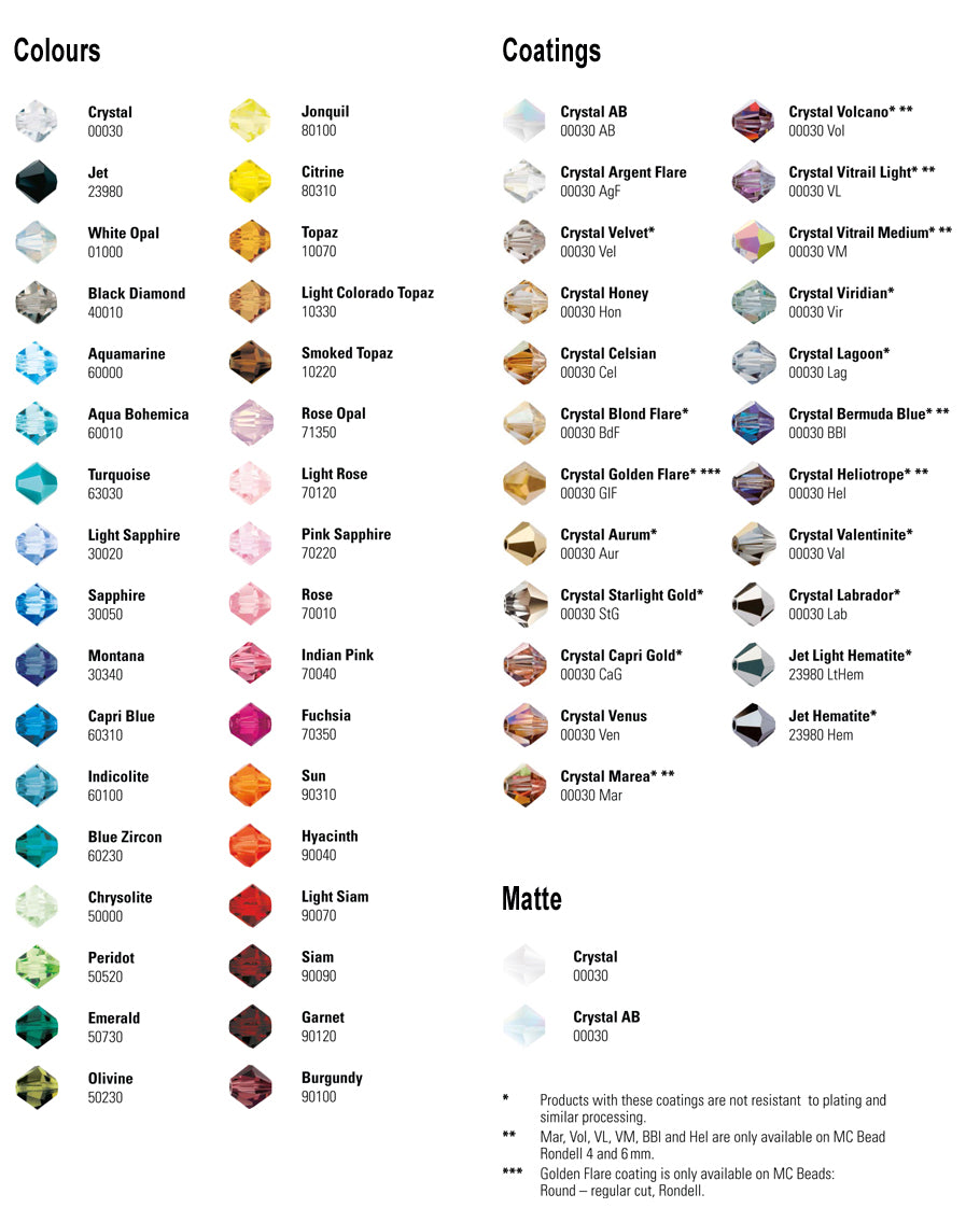 Preciosa Crystal Beads Colour Chart