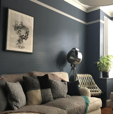 blue walls with beige sofa and white picture rail