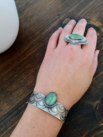 Variscite and patterned silver cuff with a variscite statement ring