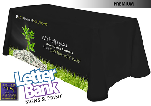 Imprinted tablecloth with your graphics on machine-washable poly.